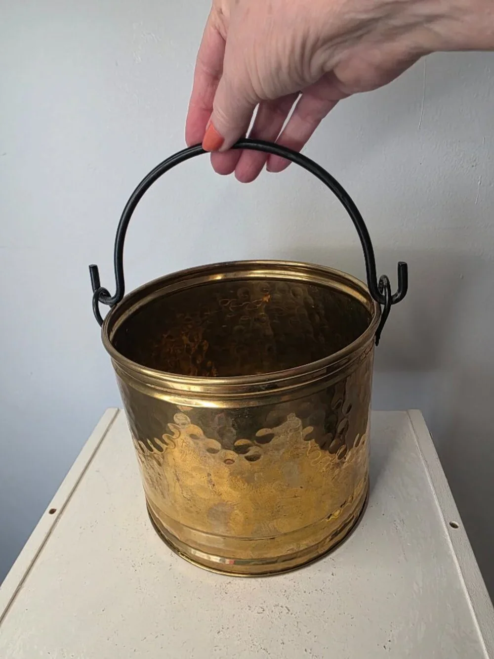 Hammered Brass Pail Bucket Black Metal Handle 6